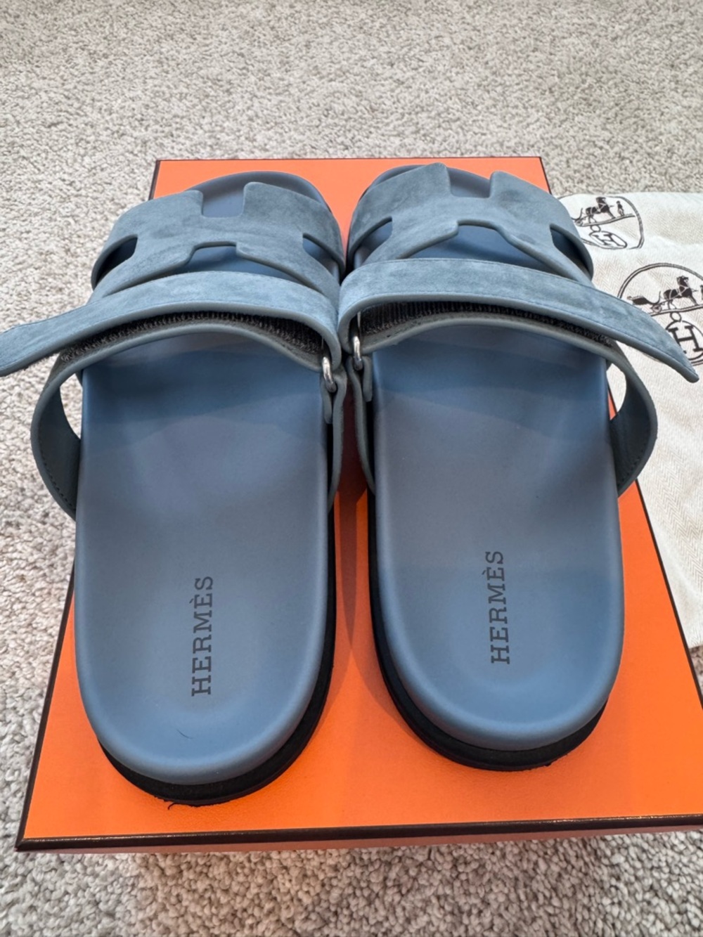 Hermes Chypre Style Suede Slide Sandals - Slate Blue - Picture 2 of 3